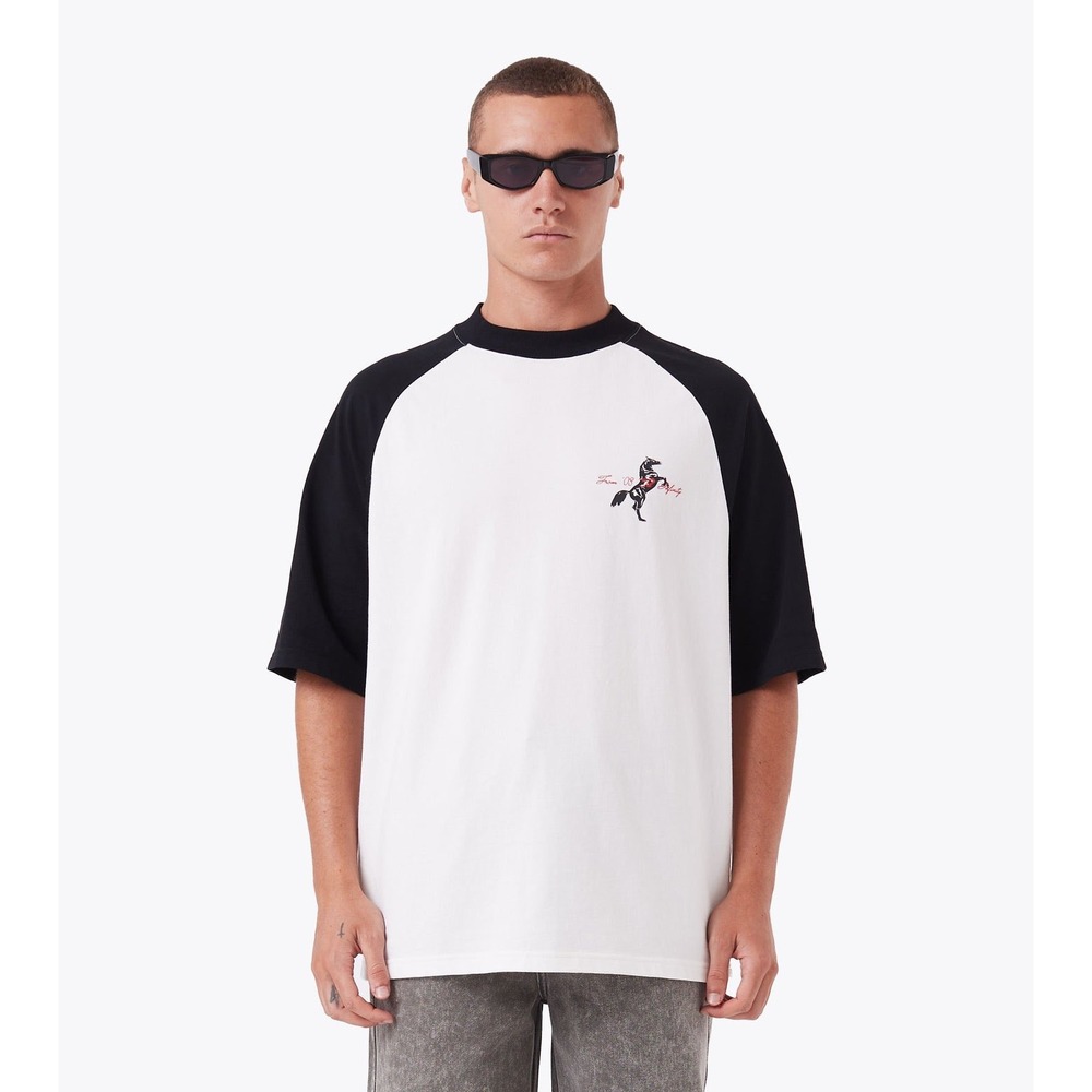 Zanerobe Mens White Black Organic Cotton Raglan Horse Graphic T-Shirt Size L